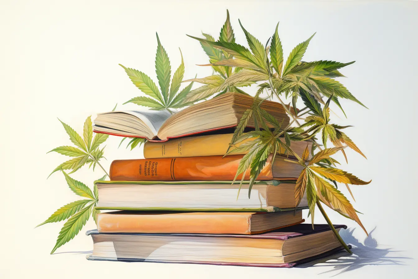 Hanfblätter und Bücher kreieren eine einzigartige Symphonie, die das Panorama von Natur und Wissen illustriert. Cannabis ist die Pflanze, die viele Bezeichnungen trägt. Sie macht das Lesen von bunten Büchern faszinierender, wenn sie diese dekoriert.
